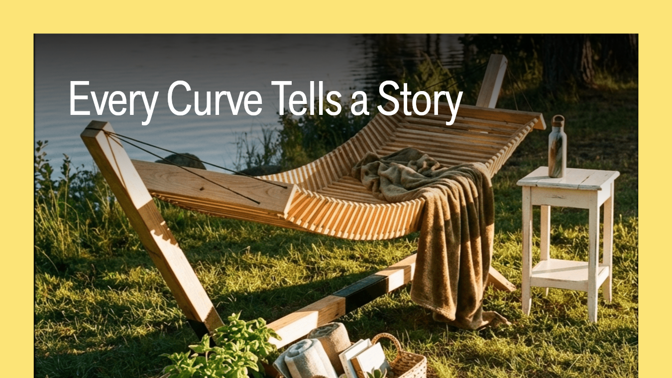 Hammock with blanket and table by a body of water, text 'Every Curve Tells a Story' on yellow border