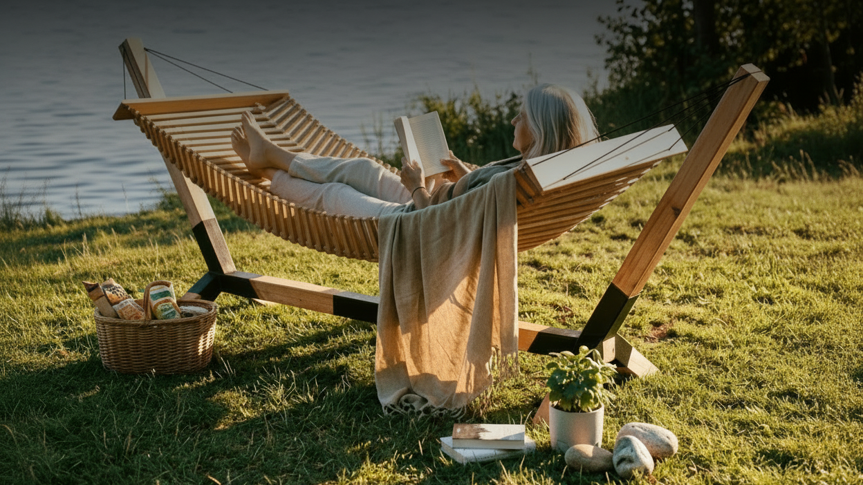 Person reading a book in a hammock by a lake with a picnic setup.